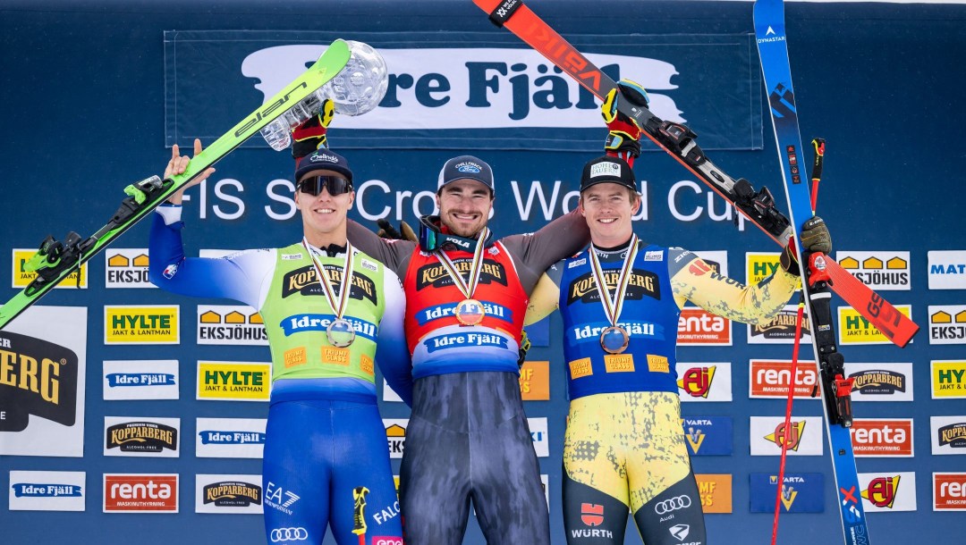 Simone Deromedis (Italy) takes 2nd place overall, Reece Howden (Canada) takes 1st place and Florian Wilmsmann (Germany) takes 3rd place overall at the FIS Ski Cross World Cup on March 30, 2025 in Idre Fjall, Sweden.