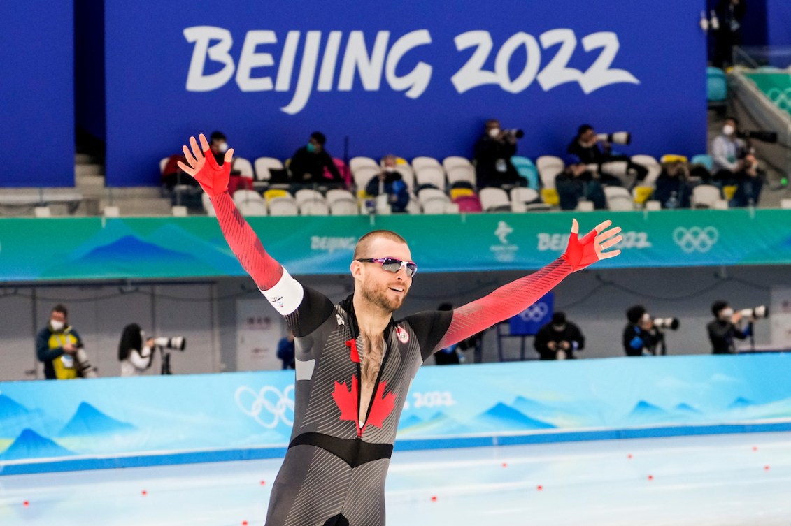 Team Canada long track speed skater Laurent Dubreuil celebrates after winning the silver medal